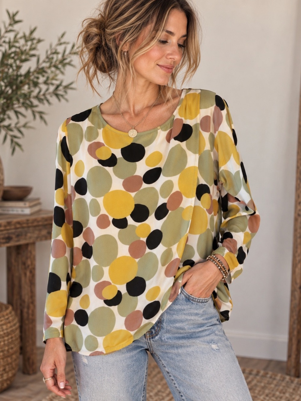 Abstract Dot Oversized Draped Viscose Top